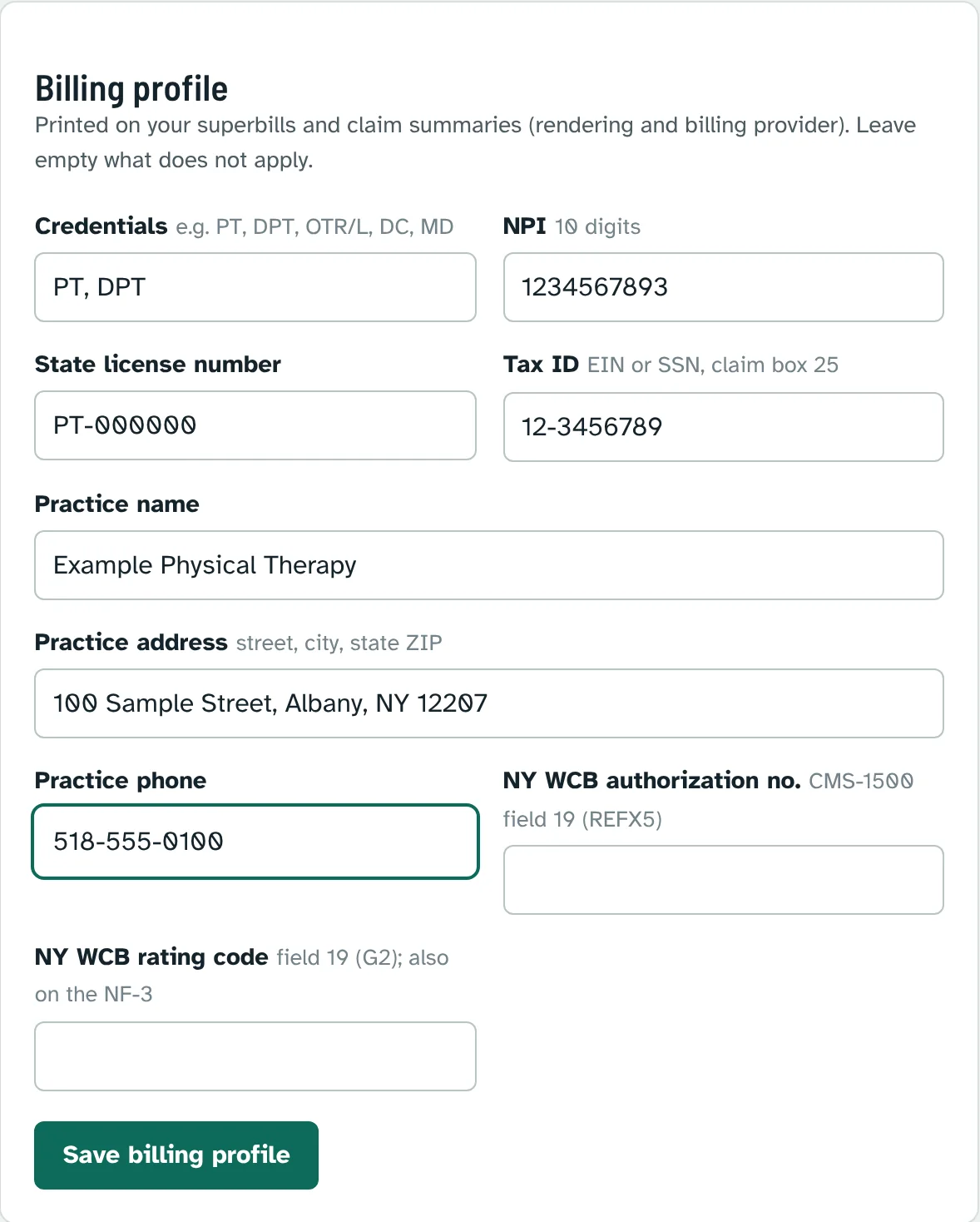 Billing profile form with credentials, NPI, license, tax ID, practice name, address and phone