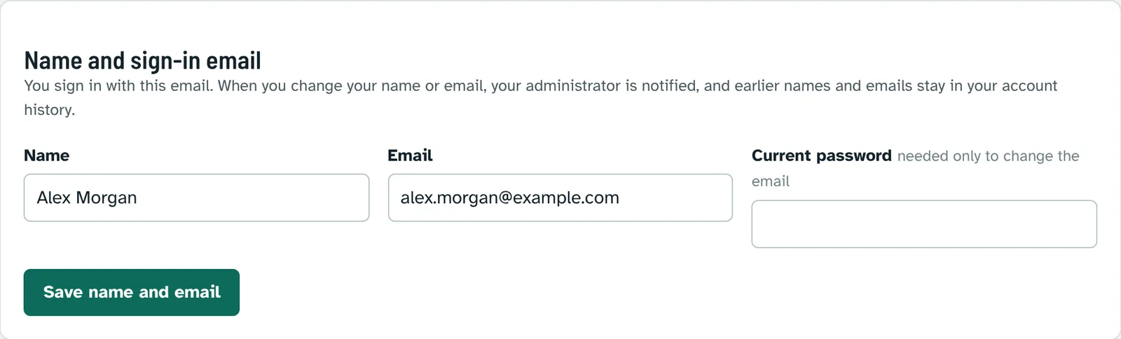 Account page: name, email and current password fields with Save name and email