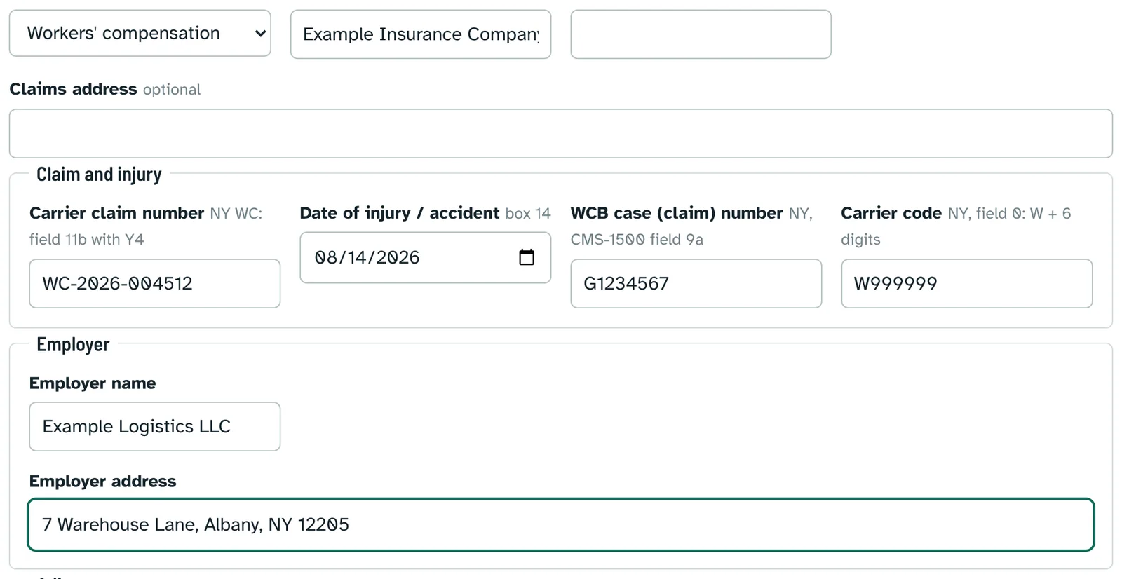 Insurance case for workers compensation: carrier claim number, date of injury, WCB case number, carrier code and employer