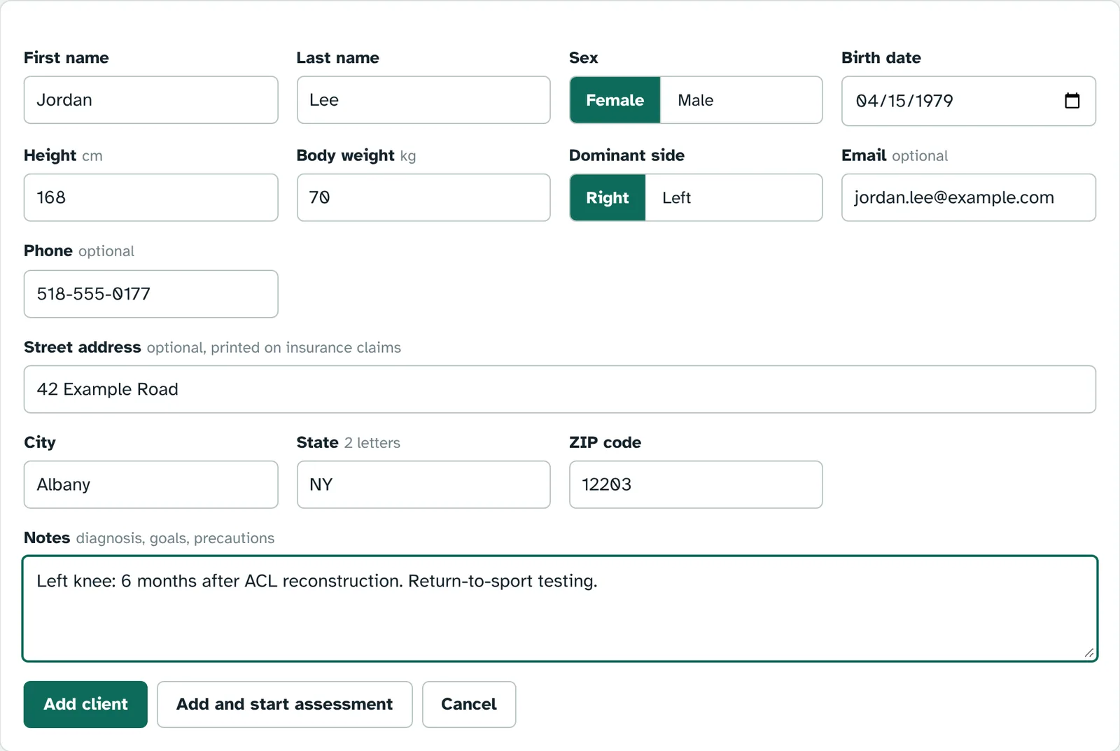 Add client form: first and last name, sex, birth date, height, body weight, dominant side, email, phone, address and notes