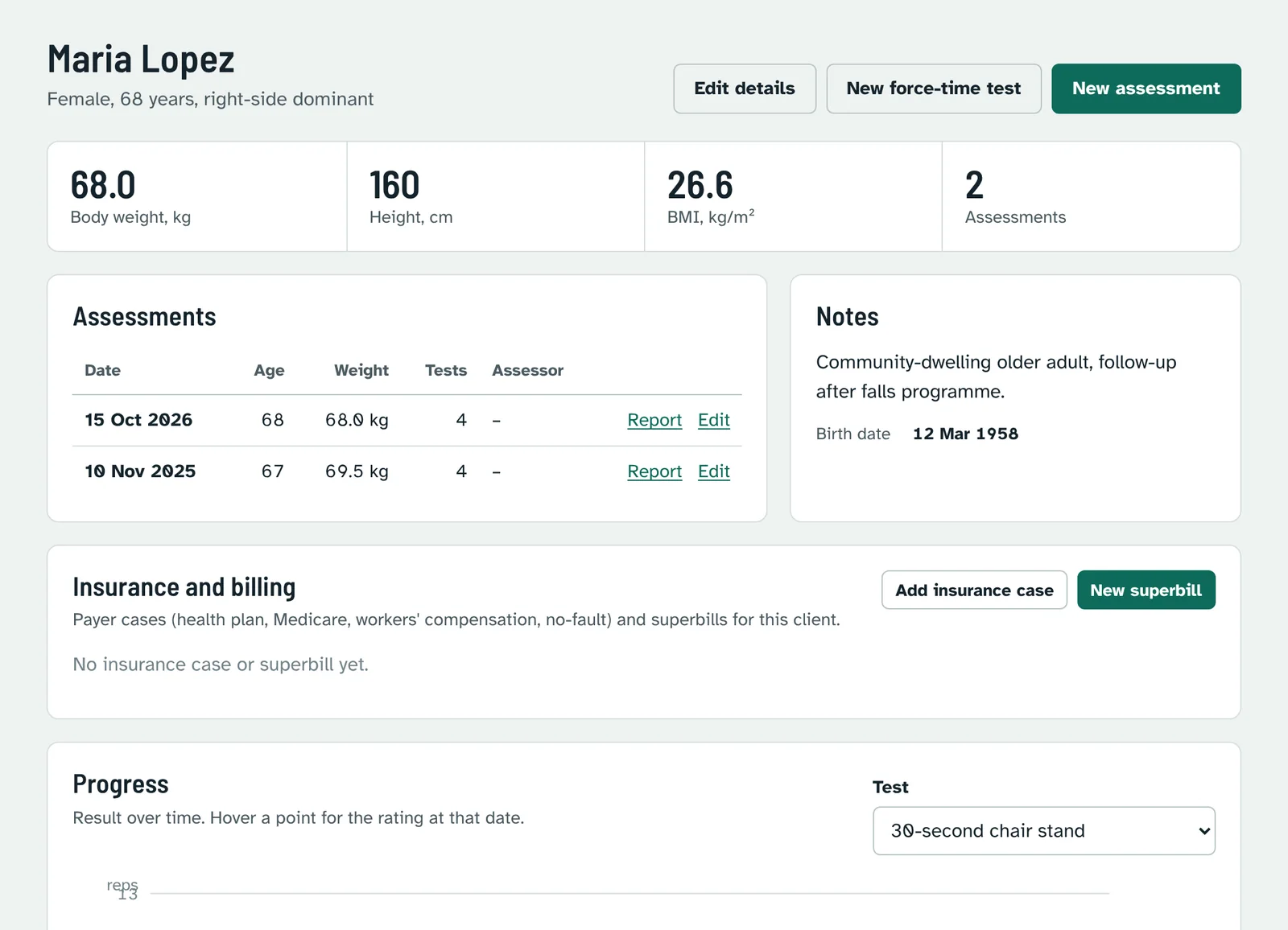 Client page with body measures, the list of assessments, notes, the insurance and billing panel and the progress chart