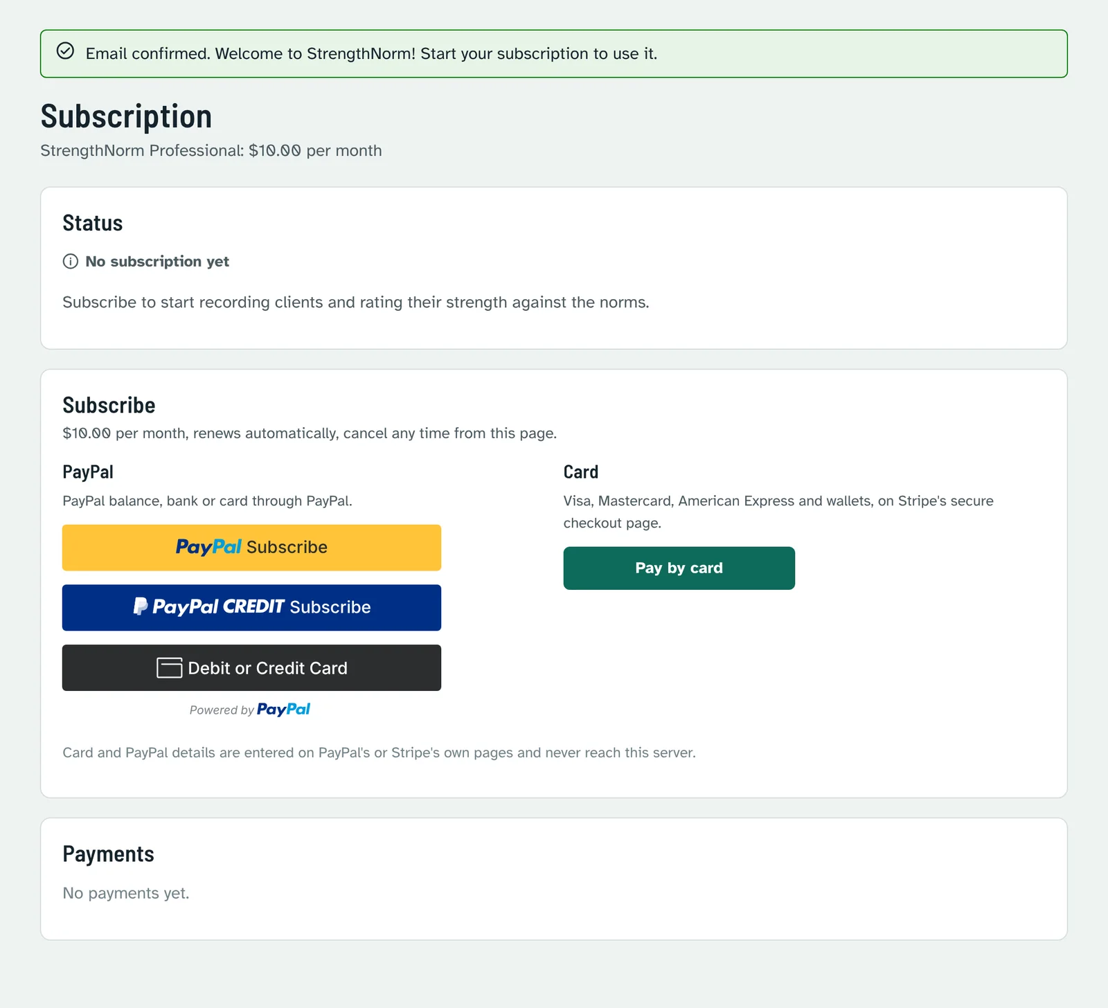 Subscription page with the status No subscription yet, PayPal buttons and a Pay by card button