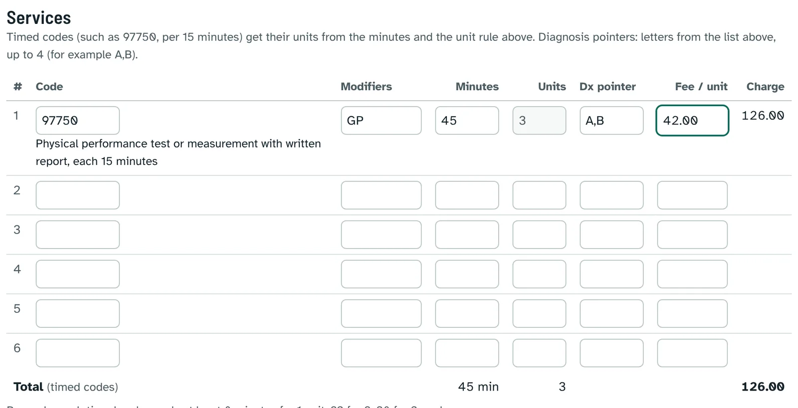 Services table with code 97750, modifier GP, 45 minutes, 3 units, diagnosis pointers A,B, fee 42.00 and charge 126.00