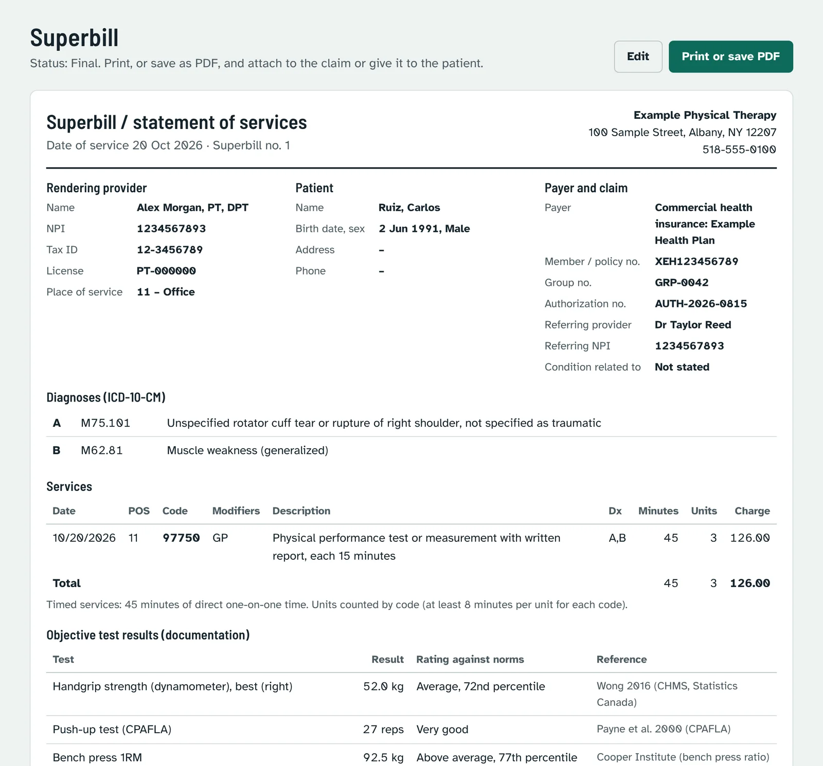 Printed superbill with provider, patient and payer details, diagnoses, services and test results