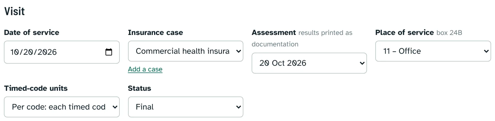 Visit section of the superbill: date of service, insurance case, assessment printed as documentation, place of service, timed-code units and status